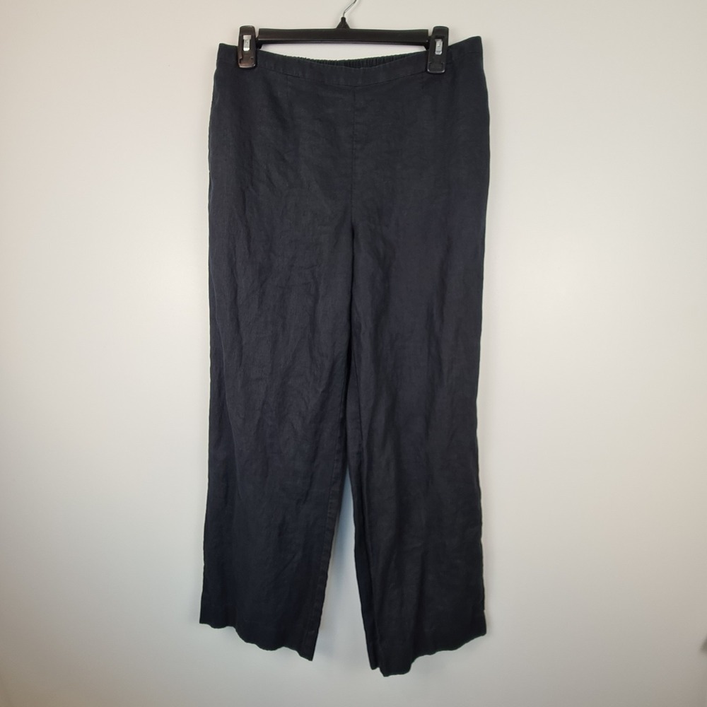 Kim Rogers Petite Black Linen High Waist Relaxed Fit Pants MP Wide Leg Pull‎ On